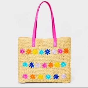 Cat & Jack bag Tan straw bag colorful floral embroidered purse new size large